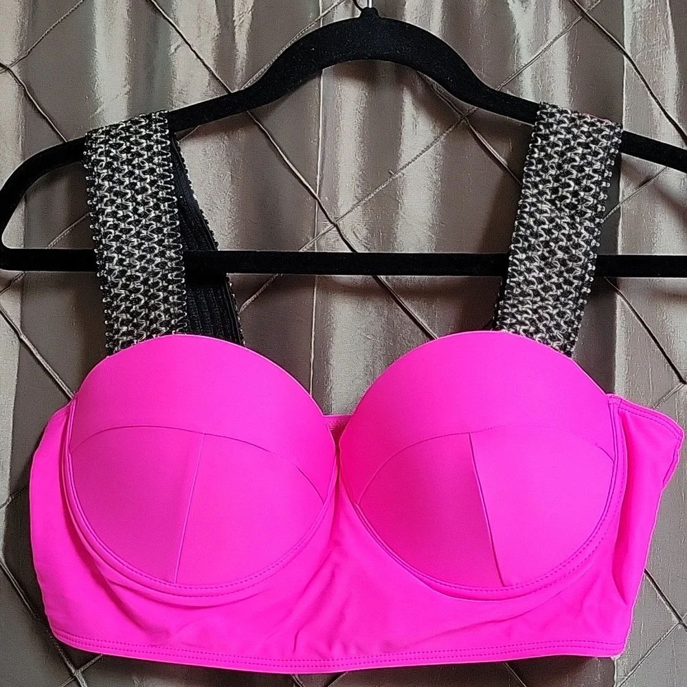 NWT. OOH LA LA Retro Moulded Cup Hot Pink Bikini w/Elastic Straps
